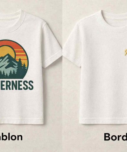 Perbandingan sablon dan bordir untuk kaos custom dengan tampilan desain sablon dan logo bordir