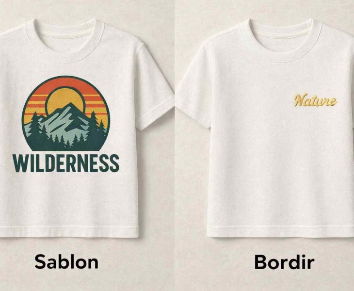 Perbandingan sablon dan bordir untuk kaos custom dengan tampilan desain sablon dan logo bordir
