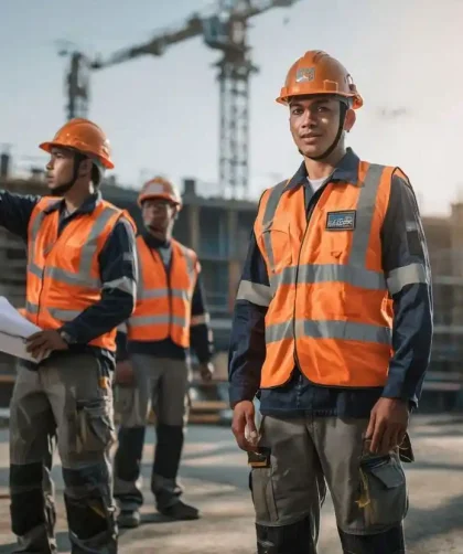Pekerja lapangan mengenakan seragam kerja perusahaan lengkap dengan helm dan rompi safety di lokasi proyek konstruksi