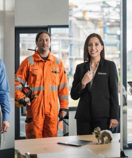 Berbagai jenis seragam kerja perusahaan dari berbagai industri menampilkan desain formal, casual, dan lapangan dengan logo perusahaan