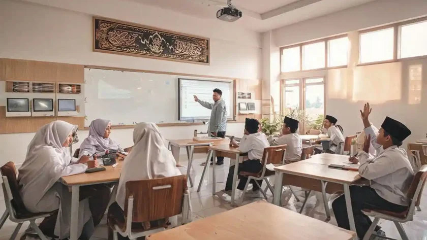 Siswa SMP Islam unggulan di Jogja sedang belajar di kelas modern dengan fasilitas lengkap